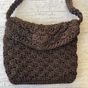 The Sak Crochet Coin purse, brown, made in Indonesia, small with long strap